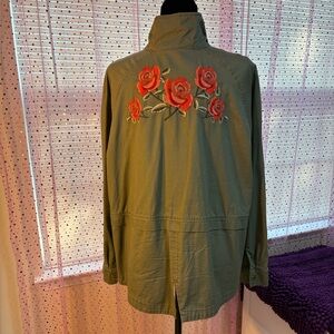 Style & Co. Olive Jacket with Pink Floral Embroidery On Back